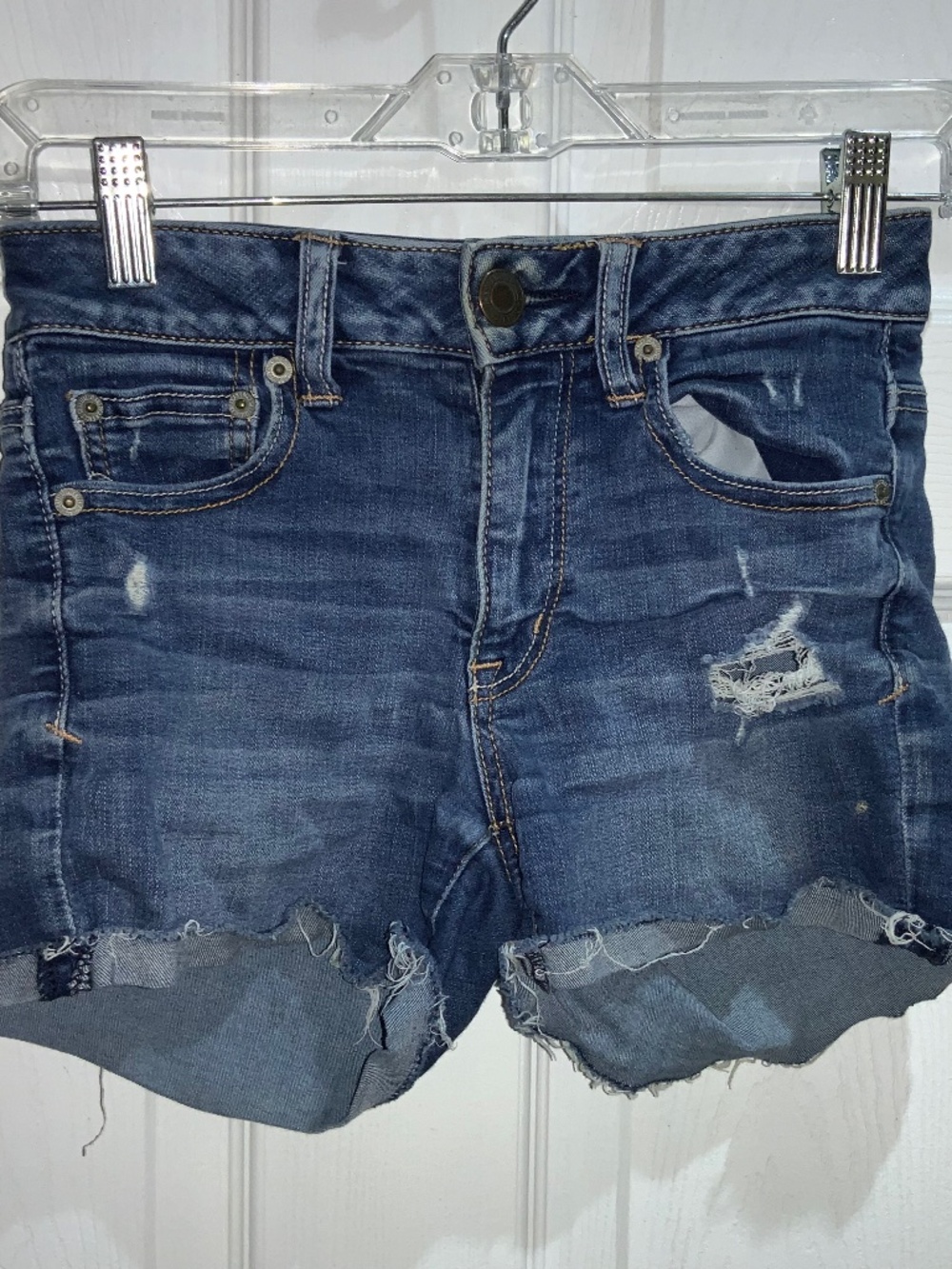 American Eagle Super Stretch medium wash Denim Shorts Sz 0 distressed